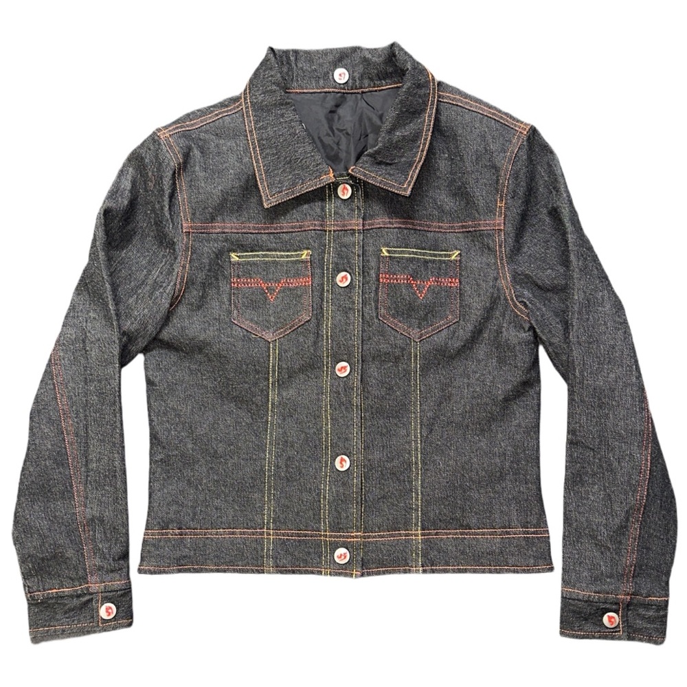 90s JOHNNY BLAZE women's black denim reversible embroidered, patched jacket, M.